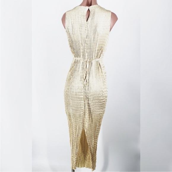 Theory Satin Gold Crinkle MIDI Dress Sz 4 - Picture 3 of 8